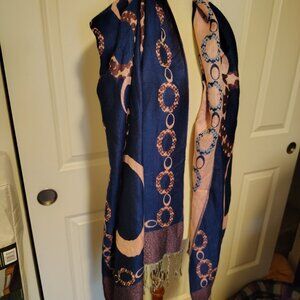 Extra Large Vintage Blue + Pink Pashima Fringed Scarf Geometric Pattern